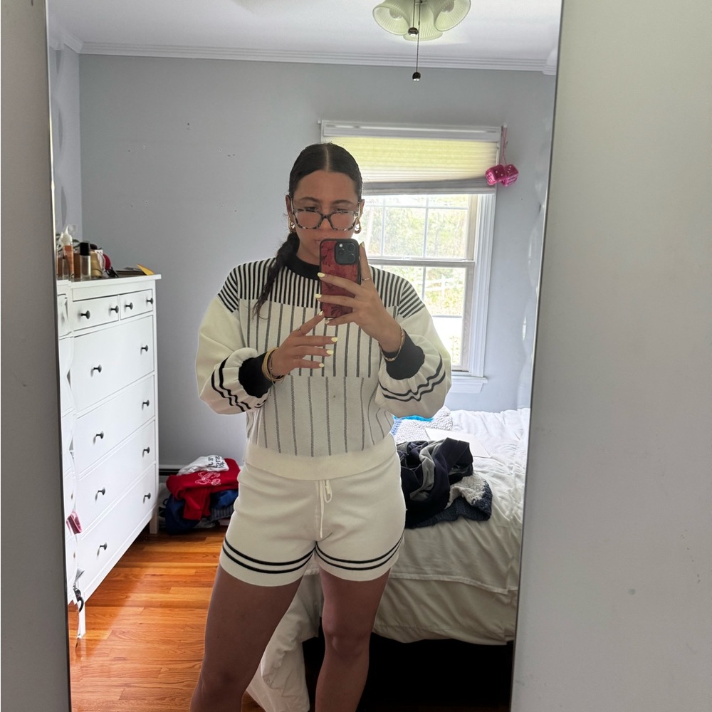 White and Black Striped Sweater and Shorts Set